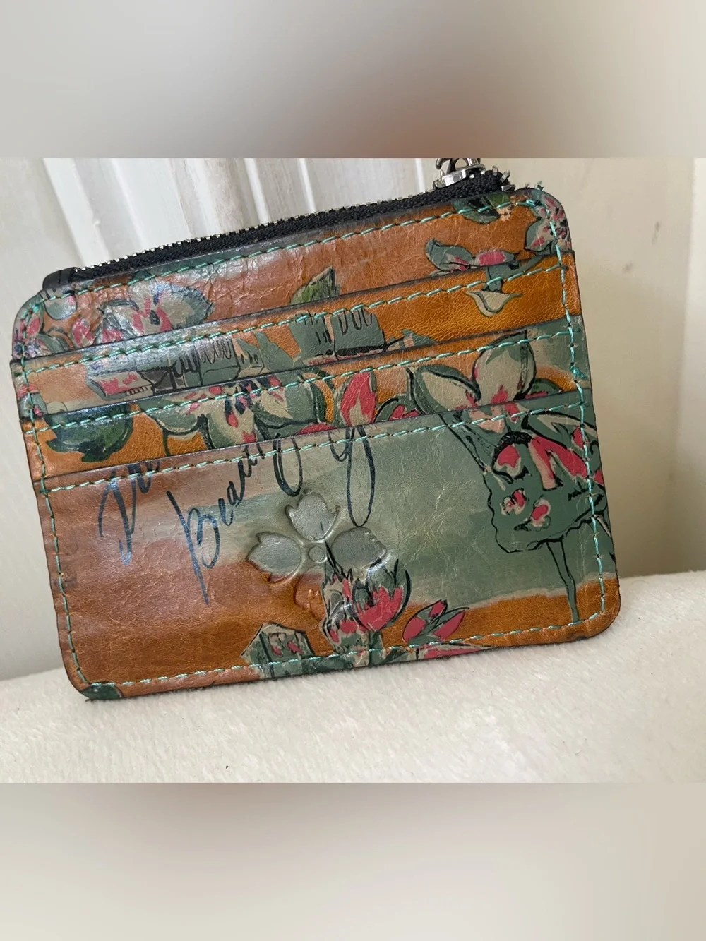 Patricia Nash Floral Zip Card Holder in Teal and Tan